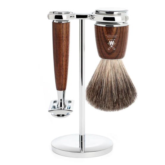 Mühle Rytmo Barbersæt: DE-Skraber, Pure Badger Barberkost og Holder, Ask